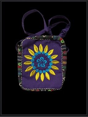 Fuerdanni Boho Embroidered Sunflower Crossbody Passport Bag Pouch - Purple